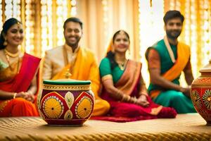 une groupe de gens dans Indien tenue séance autour une pot. généré par ai photo