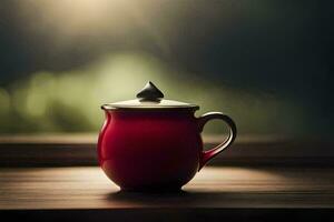 une rouge thé tasse séance sur une en bois tableau. généré par ai photo