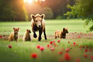 une marron ours et sa petits sont en marchant par une champ de coquelicots. généré par ai photo