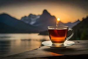 une tasse de thé sur une en bois table dans de face de une lac. généré par ai photo