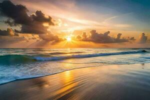 le Soleil monte plus de le océan dans cette magnifique le coucher du soleil. généré par ai photo