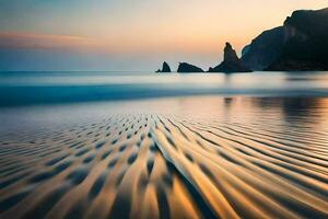 le plage à le coucher du soleil avec vagues et rochers. généré par ai photo