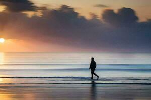 une homme en marchant sur le plage à le coucher du soleil. généré par ai photo