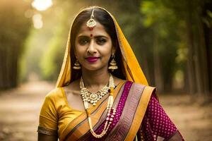 une femme dans une traditionnel sari. généré par ai photo