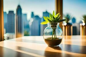 une plante dans une vase sur une table dans de face de une paysage urbain. généré par ai photo