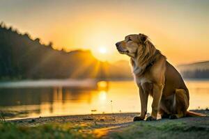 une chien séance sur le rive de une Lac à le coucher du soleil. généré par ai photo