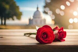 deux rouge des roses sur une en bois table dans de face de une église. généré par ai photo