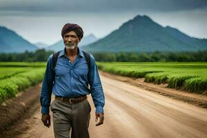 un Indien homme en marchant vers le bas une saleté route. généré par ai photo