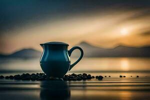 une café pot est assis sur le plage à le coucher du soleil. généré par ai photo