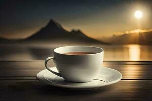 une tasse de thé sur une en bois table avec montagnes dans le Contexte. généré par ai photo