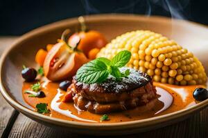 une assiette avec nourriture et blé sur il. généré par ai photo