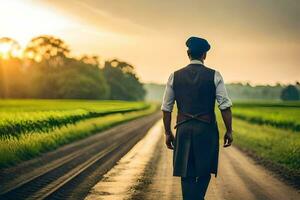 une homme dans une chapeau et gilet en marchant vers le bas une route. généré par ai photo