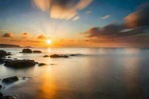 une le coucher du soleil plus de le océan avec rochers et l'eau. généré par ai photo