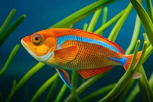 un Orange poisson avec bleu et blanc rayures est nager dans le herbe. généré par ai photo