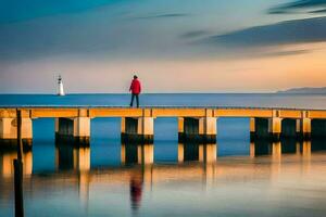 une homme permanent sur une jetée à la recherche à le phare. généré par ai photo