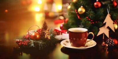 décoré céramique café tasse avec Contexte de Noël arbre photo