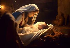 Marie et le bébé Jésus, fils de Dieu, Noël histoire, Noël nuit photo