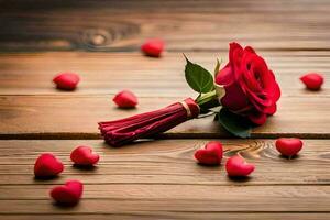 le Rose est sur le table avec rouge cœurs épars autour il. généré par ai photo