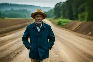 un plus âgée homme dans une chapeau et manteau permanent sur une saleté route. généré par ai photo