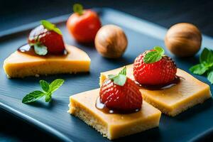 Trois carrés de fromage avec des fraises et des noisettes. généré par ai photo