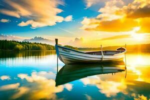 une bateau est flottant sur le calme l'eau à le coucher du soleil. généré par ai photo