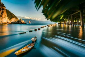 bateaux dans le l'eau à le coucher du soleil. généré par ai photo