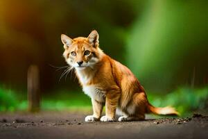 une chat est séance sur le sol dans le milieu de une champ. généré par ai photo