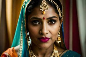 portrait de une magnifique Indien femme portant traditionnel bijoux. généré par ai photo