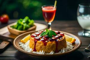 une assiette avec une dessert et une verre de jus. généré par ai photo