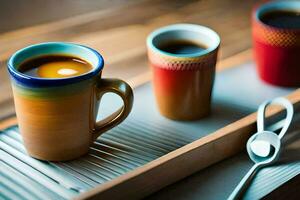 Trois tasses de café asseoir sur une plateau. généré par ai photo