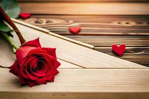 rouge Rose sur une en bois table avec cœurs. généré par ai photo