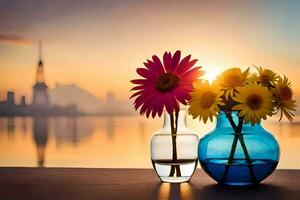 deux des vases avec fleurs séance sur une table avec une ville dans le Contexte. généré par ai photo