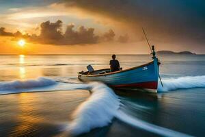 une homme dans une bateau sur le océan vagues à le coucher du soleil. généré par ai photo