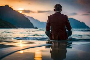 une homme dans une rouge costume est assis sur le plage à le coucher du soleil. généré par ai photo