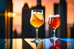 deux des lunettes de Bière et Orange jus sur une table dans de face de une ville ligne d'horizon. généré par ai photo