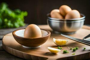 des œufs dans boules et une couteau sur une Coupe planche. généré par ai photo