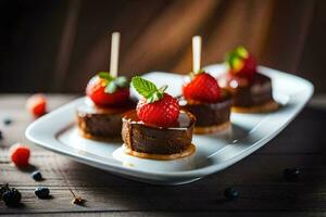 petit Chocolat desserts avec des fraises et baies sur une plaque. généré par ai photo