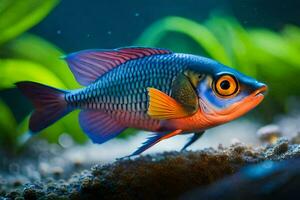 une poisson avec brillant bleu yeux et rouge nageoires. généré par ai photo