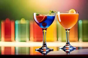 deux coloré des cocktails asseoir sur une table dans de face de une coloré Contexte. généré par ai photo