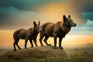 deux marron chiens permanent sur Haut de une rock. généré par ai photo