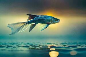 une poisson est en volant plus de l'eau à le coucher du soleil. généré par ai photo