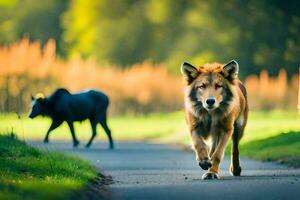 une Loup et une vache en marchant vers le bas une route. généré par ai photo