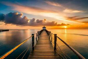 une jetée avec une phare à le coucher du soleil. généré par ai photo