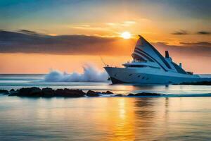 une yacht dans le océan à le coucher du soleil. généré par ai photo