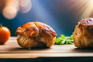 deux pièces de poulet sur une en bois Coupe planche. généré par ai photo