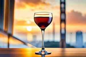 une verre de rouge du vin sur une table dans de face de une ville ligne d'horizon. généré par ai photo