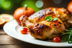 une assiette avec une poulet sur il et tomates. généré par ai photo