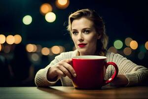 une femme en portant une rouge tasse dans de face de son. généré par ai photo