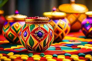 coloré des vases sur une coloré nappe de table. généré par ai photo