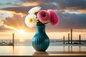 une vase avec fleurs sur une table dans de face de une le coucher du soleil. généré par ai photo